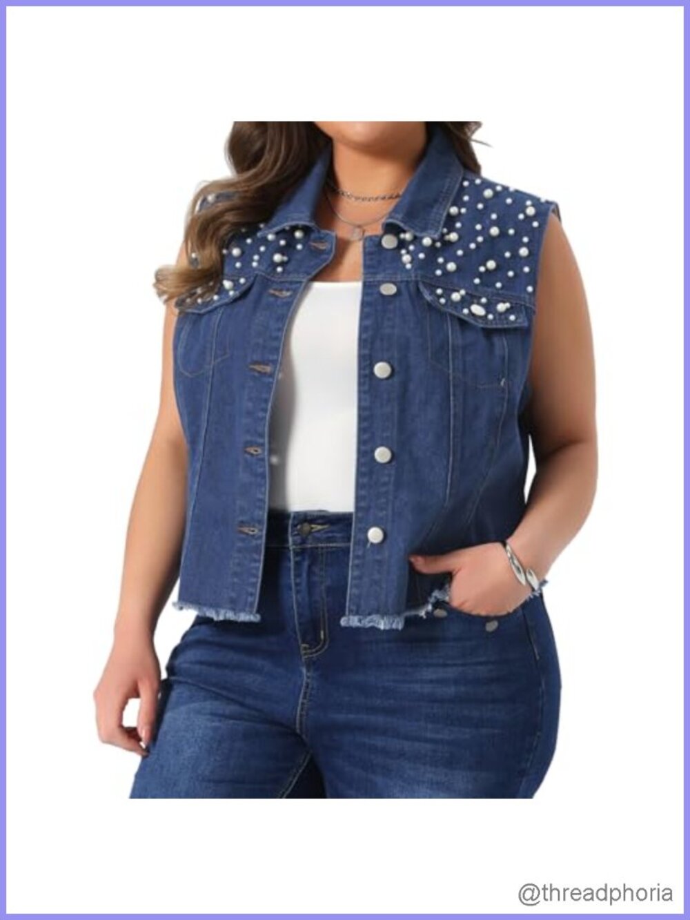Embroidered Pearl Frayed Denim Vest Size 3X Sleeveless